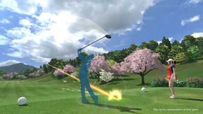 Virtual silhouette swings at a golf ball on the course with a caddie standing on the side to assist.