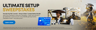 Promotional banner for the "Ultimate Setup Sweepstakes." The text reads: "Preorder the PS5 Console – Ghost of Yōtei Limited Edition Bundle direct from PlayStation using your PlayStation Credit Card, and you’ll be entered for a chance to win a Sony INZONE gaming monitor, PlayStation Portal, and other prizes." A "Learn more" button is shown. On the right side are images of the Ghost of Yōtei Limited Edition PS5 console bundle box, DualSense controller, PlayStation Portal handheld, PlayStation Credit Card, and Sony INZONE gaming monitor displaying Ghost of Yōtei artwork, with golden leaves scattered around the scene.