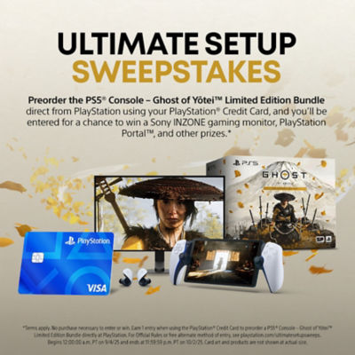 Promotional graphic for the “Ultimate Setup Sweepstakes.” Large text reads “Ultimate Setup Sweepstakes.” Subtext: “Preorder the PS5 Console – Ghost of Yōtei Limited Edition Bundle direct from PlayStation using your PlayStation Credit Card, and you’ll be entered for a chance to win a Sony INZONE gaming monitor, PlayStation Portal, and other prizes.” The image includes the Ghost of Yōtei PS5 Limited Edition bundle box, a DualSense wireless controller, PlayStation Portal handheld device, Sony INZONE monitor, PlayStation Credit Card, and PlayStation earbuds. Gold leaves decorate the background.