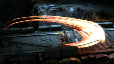 God of War 3 screenshot featuring Kratos swinging the Blades of Chaos against on an enemy on a bridge