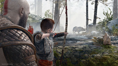 PS4 God of War screenshot featuring Kratos and Atreus hunting a wild boar in the woods