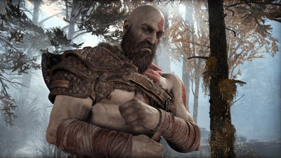 PS4 God of War screenshot featuring featuring Kratos wrapping a bandage around his hand