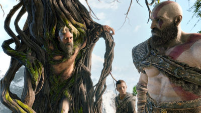 PS4 God of War screenshot featuring featuring Kratos, Atreus and Mimir talking with Mimir a part of a tree