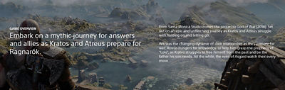 God of War Ragnarök screenshot with game overview that says, "Kratos and Atreus embark on a mythic journey for answers and allies before Ragnarök arrives."