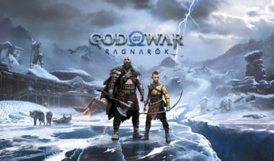 God of War Ragnarök game title art with Kratos and Atreus standing side by side in the snow as lightning crashes behind them.