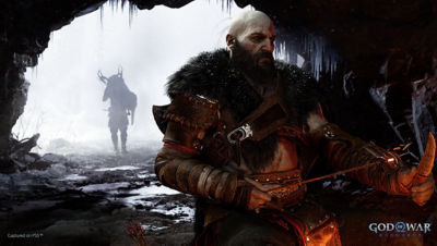 God of War Ragnarok Kratos sitting in a cave with silhouette of Atreus in the background