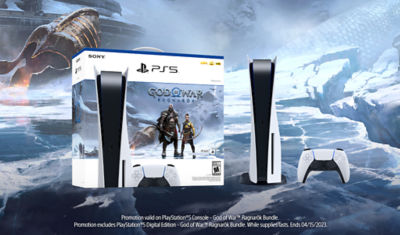 PS5 console standing in front of God of War Ragnarok screenshot