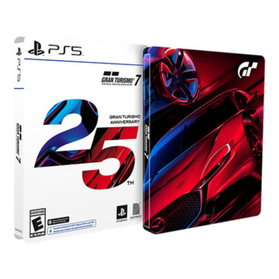 PS5 Gran Turismo 7 25th Anniversary box art featuring the Porsche Vision Gran Turismo on top and Mazda RX-VISION GT3 Concept on the bottom