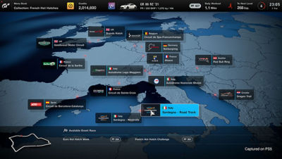 Screenshot from Gran Turismo 7 featuring the different tracks to race throughout Europe