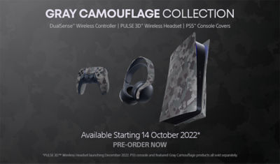 PS5 Gray Camo Collection featuring the DualSense controller, Pulse 3D Headset and PS5 Console Cover