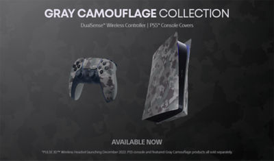PS5 Gray Camo Collection featuring the DualSense controller, Pulse 3D Headset and PS5 Console Cover