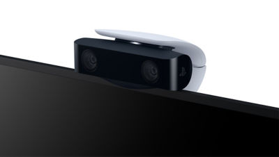 Image of the PS5 HD Camera at an angle mounted on top of a TV