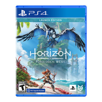 PS4 Horizon Forbidden West box art featuring Aloy on a shore looking up at a Sunwing