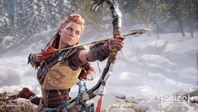 PS5 Horizon Forbidden West image with Aloy pulling back bow
