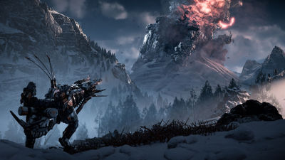 PS4 Horizon Zero Dawn Complete Edition screenshot from Frozen Wilds content featuring a machine watching an eruption