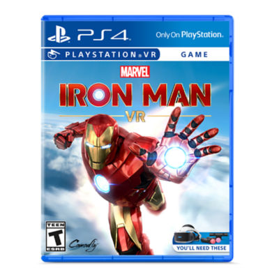 PS4 Iron Man VR box art showing Iron Man flying and holding out his hand ready to fire a laser.