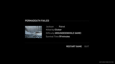 A Permadeath failed screen where player can choose to restart or quit.