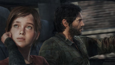PS4 The Last of Us Remastered screenshot featuring Ellie looking out the window with Joel driving