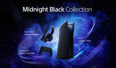 PS5 Midnight Black Collection featuring the DualSense controller and Pulse 3D Headset floating in space