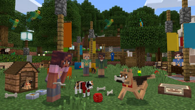 PS4 Minecraft Starter Collection screenshot featuring players in a backyard playing with dogs.  Parrots are flying around and the dogs are playing with their bones and toys.