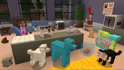 PS4 Minecraft Starter Collection screenshot featuring a player inside a pet shop with dogs, cats, pig, monkey and birds.