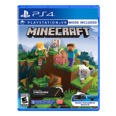 PS4 Minecraft box art featuring Steve, zombie, pig, dog, sheep and other characters on a green block hill