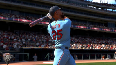 PS5 MLB The Show 21 screenshot of Byron Buxton swinging at a ball