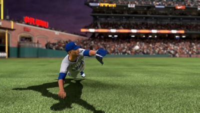 PS5 MLB The Show 21 screenshot of Mookie Betts diving for a catch