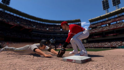 PS5 MLB The Show 21 screenshot of Red player trying to tag out a Pirates player