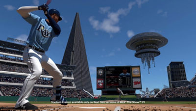 PS5 MLB The Show 21 screenshot of Wander Franco hit a ball past a spaceship
