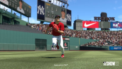 Image from MLB The Show on PS5 as Enrique Hernandez is chasing down a hit ball
