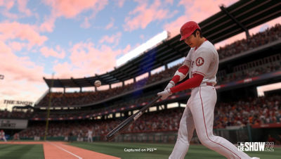 Image from MLB The Show on PS5 as Shohei Ohtani swinging at a ball