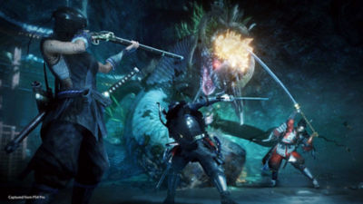 Three PS4 Nioh 2 players face off against a giant snake monster.