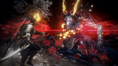 PS4 Nioh 2 protagonist wields a giant sword against a demon monster.