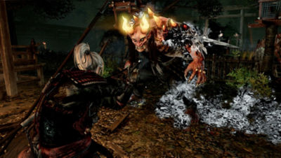 PS4 Nioh screenshot featuring William facing off against a Yoki