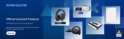 Promotional banner titled “Featured Collection” showcasing Official Licensed Products. The left side features text: “Certified by our seal of approval. Designed for you. Approved by us. Unique and innovative third-party gaming accessories.” Below is a white button labeled “Shop now.” The right side displays licensed PlayStation accessories, including a wireless gaming headset with a base, a PlayStation Portal handheld, a white external Seagate drive with the PlayStation logo, a racing wheel with foot pedals, and an arcade fight stick. A translucent blue background features PlayStation symbols and the Official Licensed Product logo.