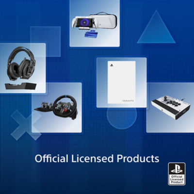 Grid of PlayStation Official Licensed Products on a blue background. Includes a wireless headset with charging dock, a racing wheel with pedals, a white PlayStation Portal with accessories, a Seagate external drive, and an arcade fight stick. “Official Licensed Products” is written below, alongside the Official Licensed Product logo.