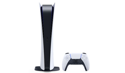 PS5 Digital Edition Console standing next to a DualSense wireless controller