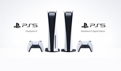 PlayStation 5 Console and PlayStation 5 Digital Edition shown standing next to each other, accompanied by DualSense wireless controllers