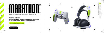 A white promotional banner for MARATHON shows a limited edition DualSense® Wireless Controller and Pulse Elite™ Wireless Headset with futuristic green and black design details. On the left, text reads “LIMITED EDITION DUALSENSE® WIRELESS CONTROLLER & PULSE Elite™ WIRELESS HEADSET” and “AVAILABLE 03.05.2026,” with a “Pre-order now” button.