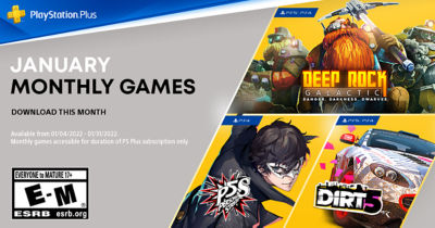 PlayStation Plus free games for the month, featuring Deep Rock Galactic on PS5 and PS4, Personal 5 on PS4 and Dirt 5 on PS4 and PS5