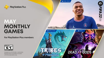 PlayStation Plus free games for the month, featuring FIFA 22 on PS4 and PS5, Tribes of Midgard on PS4 and PS5, and Curse of the Dead Gods on PS4