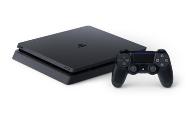 PS4 Slim Console laying flat next to a Jet Black DUALSHOCK4 Wireless Controller 