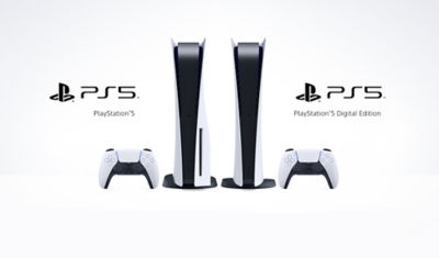 PS5 Consoles standing next to a DualSense wireless controller