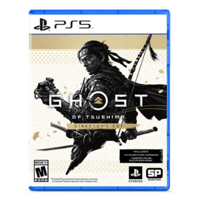 PS5 Ghost of Tsushima Director's Cut box art with Jin holding the mask of the ghost