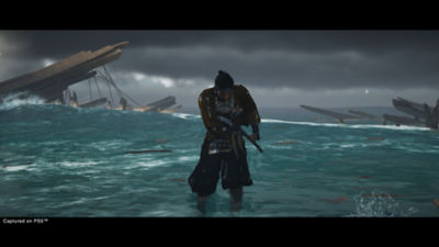 Ghost of Tsushima Director's Cut Jin washing ashore from a shipwreck