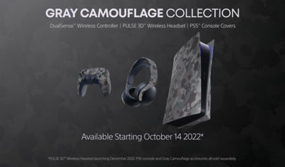Image of Gray Camo PULSE 3D Wireless PS5 headset, Gray Camo DualSense PS5 controller and Gray Camo Console Covers together