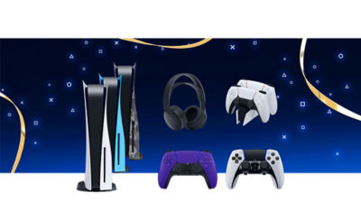 Shop PS5 Consoles and accessories for the holidays. Image featuring PS5 console, Midnight Black PULSE 3D wireless headset, Dualsense Charging Station, Galactic Purple DualSense Controller and DualSense Edge pro controller.
