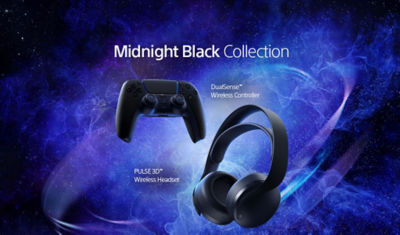 Image of Black PULSE 3D Wireless PS5 headset and black DualSense PS5 controller together