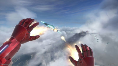 PSVR Marvel's Iron Man VR star Iron Man shoots down some planes with his repulsors.